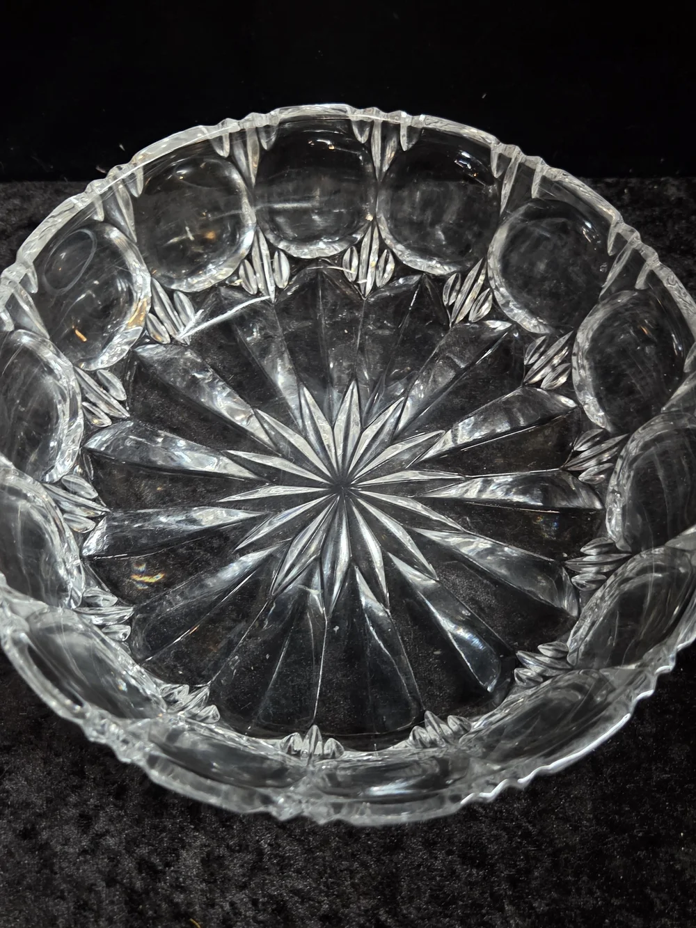 Vtg Heavy Cut Lead Crystal Centerpiece Bowl Starburst Base & Thumbprint Rim 9.5”